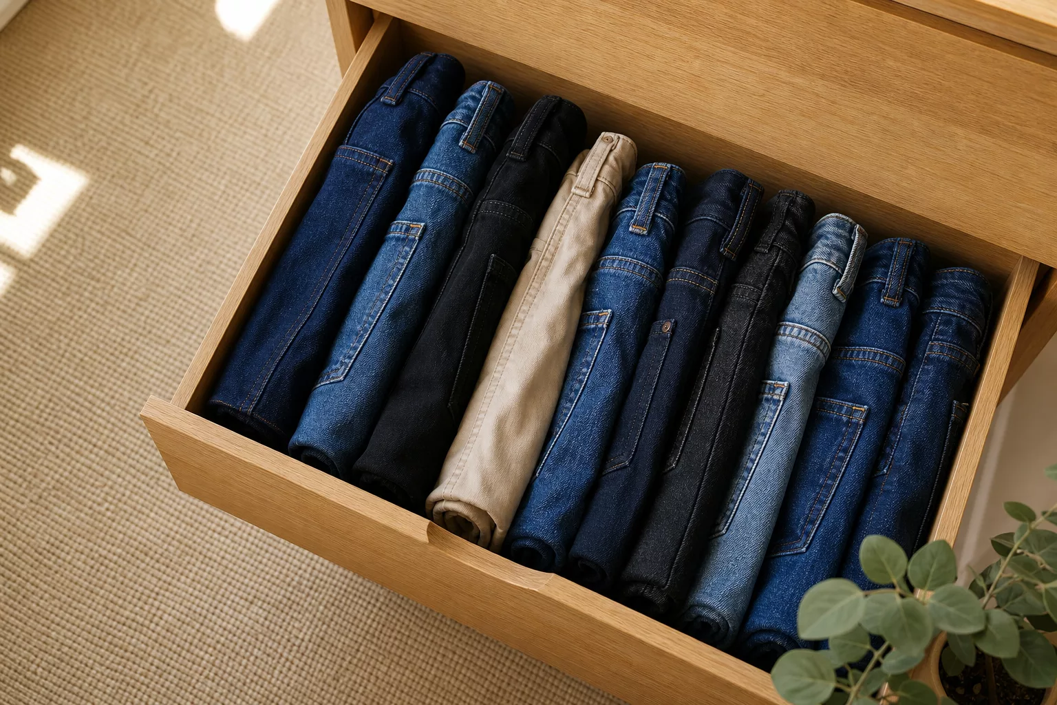 Hosen platzsparend falten: gefaltete Jeans stehen aufrecht in der Schublade
