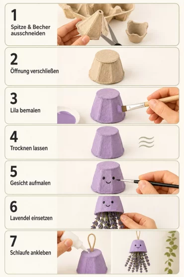 Grafik mit sieben Schritten zum Basteln der Eierkarton-Qualle