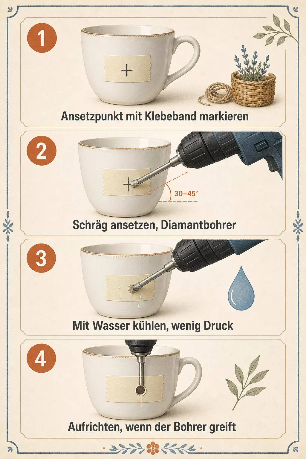 Infografik zum Bohren von Löchern in Porzellan und Glas