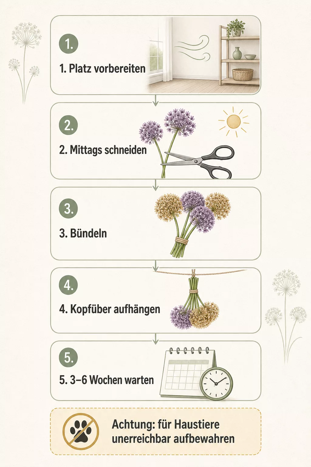 Grafik mit 5 Schritten zum Zierlauch trocknen