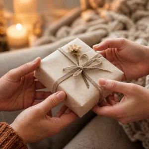 Hände übergeben liebevoll verpacktes Geschenk zum Jahrestag der Beziehung