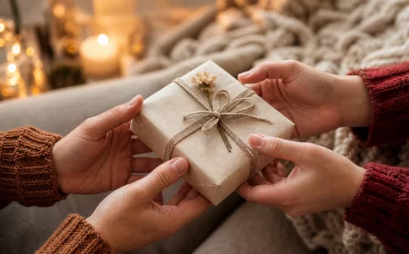 Hände übergeben liebevoll verpacktes Geschenk zum Jahrestag der Beziehung