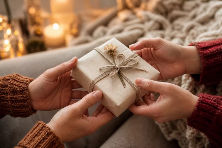 Hände übergeben liebevoll verpacktes Geschenk zum Jahrestag der Beziehung