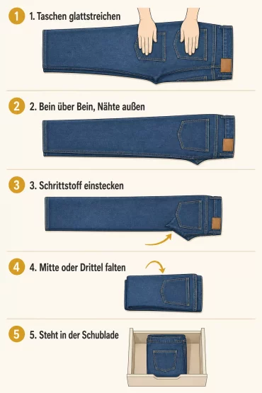 Fünf Schritte zum Jeans falten nach der KonMari-Methode, Illustration