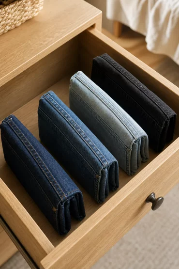 Ordentlich gefaltete Jeans mit nach außen zeigenden Nähten in Schublade