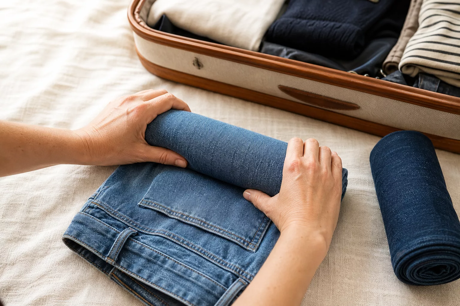 Hände rollen eine Jeans eng zusammen neben einem offenen Koffer