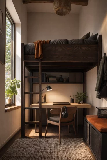 Schmales Jugendzimmer mit Hochbett und Schreibtisch darunter