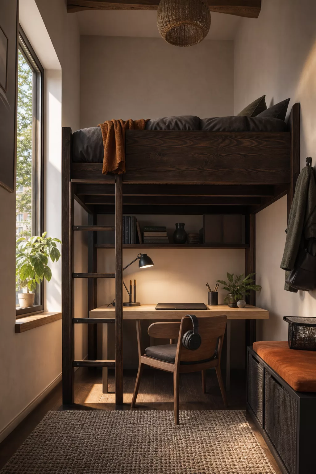 Schmales Jugendzimmer mit Hochbett und Schreibtisch darunter