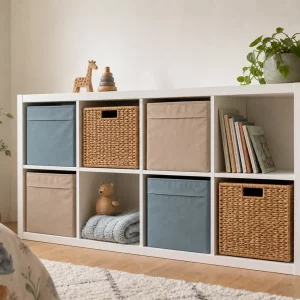 Kallax-Regal im Kinderzimmer mit Stoffboxen und Dekoration