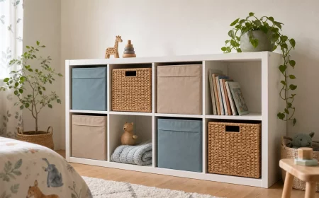 Kallax-Regal im Kinderzimmer mit Stoffboxen und Dekoration