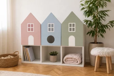 Regal mit bunten Hausfronten als kleines Spielhaus gestaltet