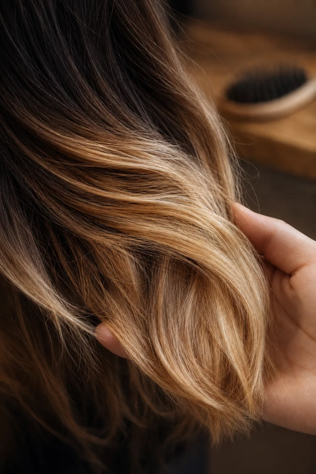 Karamellblonde Balayage-Strähnen in mittellangem Haar