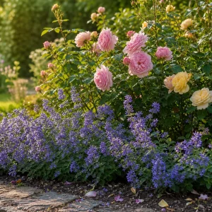 Katzenminze kombiniert mit rosafarbenen Rosen im Sommerbeet