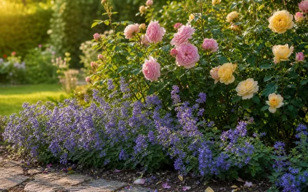 Katzenminze kombiniert mit rosafarbenen Rosen im Sommerbeet