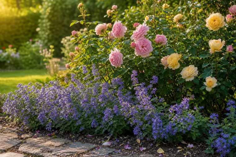 Katzenminze kombiniert mit rosafarbenen Rosen im Sommerbeet