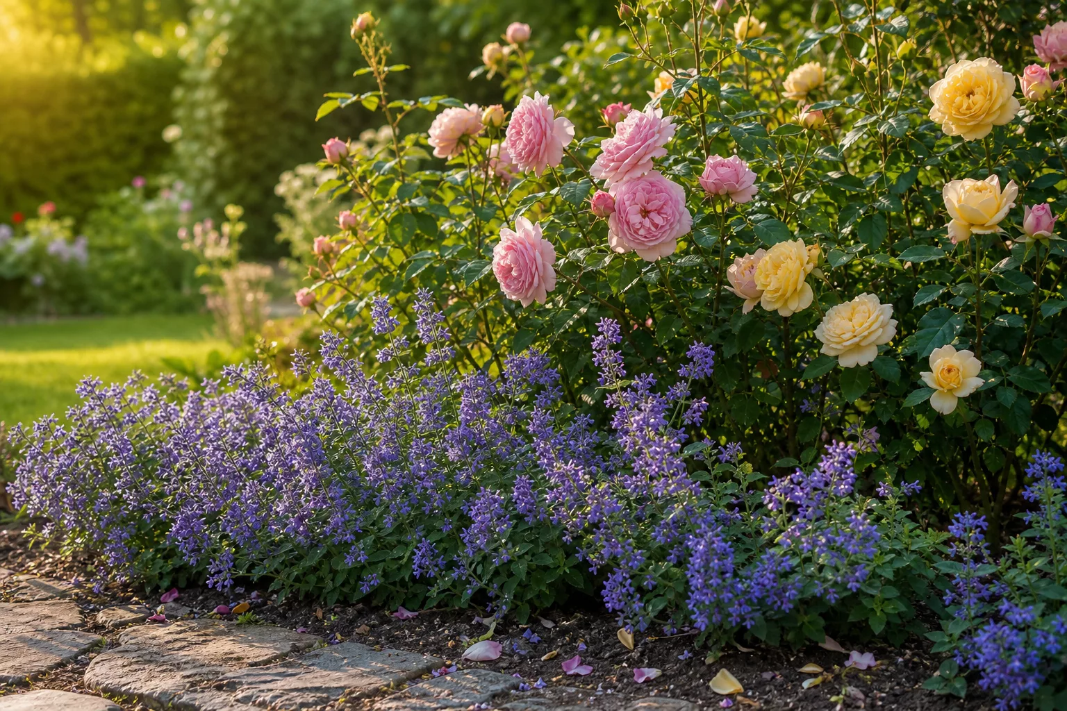 Katzenminze kombiniert mit rosafarbenen Rosen im Sommerbeet