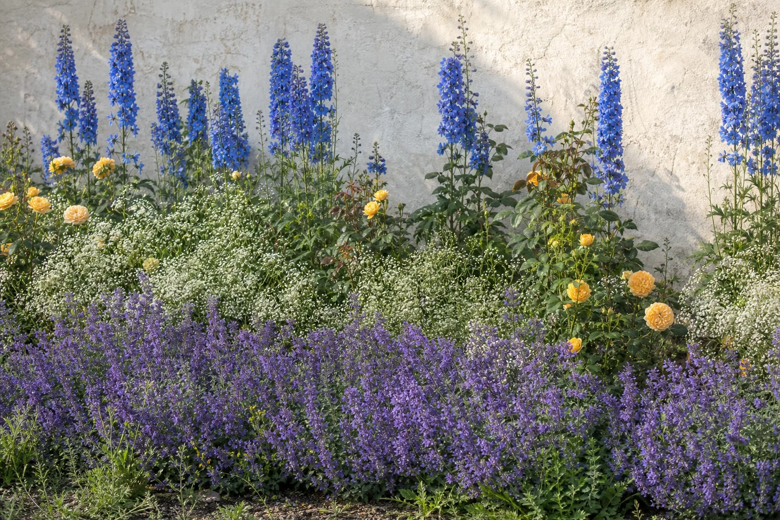 Katzenminze wächst vor gelben Rosen, Schleierkraut und blauem Rittersporn an einer Mauer