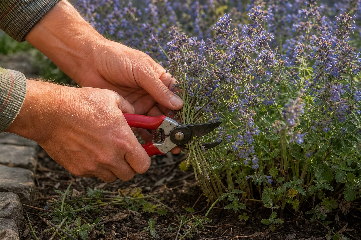 Gärtnerhände schneiden verblühte Katzenminze-Stängel mit einer Gartenschere