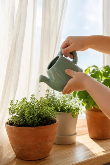 Kind gießt Pflanzen am Fenster als tägliche Haushaltsaufgabe