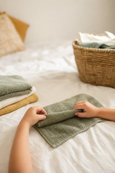 Kinderhände falten Wäsche als Teil des Haushaltsplans