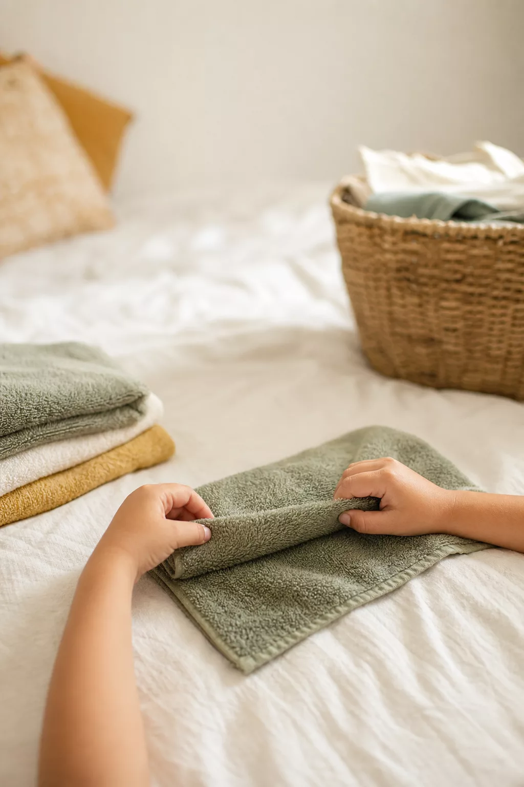Kinderhände falten Wäsche als Teil des Haushaltsplans