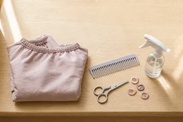 Friseurumhang, Kamm und Utensilien für den Kinderfriseur-Termin