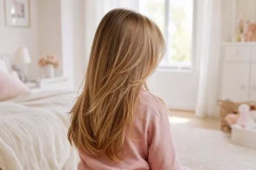 Gestufte Kinderfrisur mit schrägem Pony und mehr Volumen im Haar
