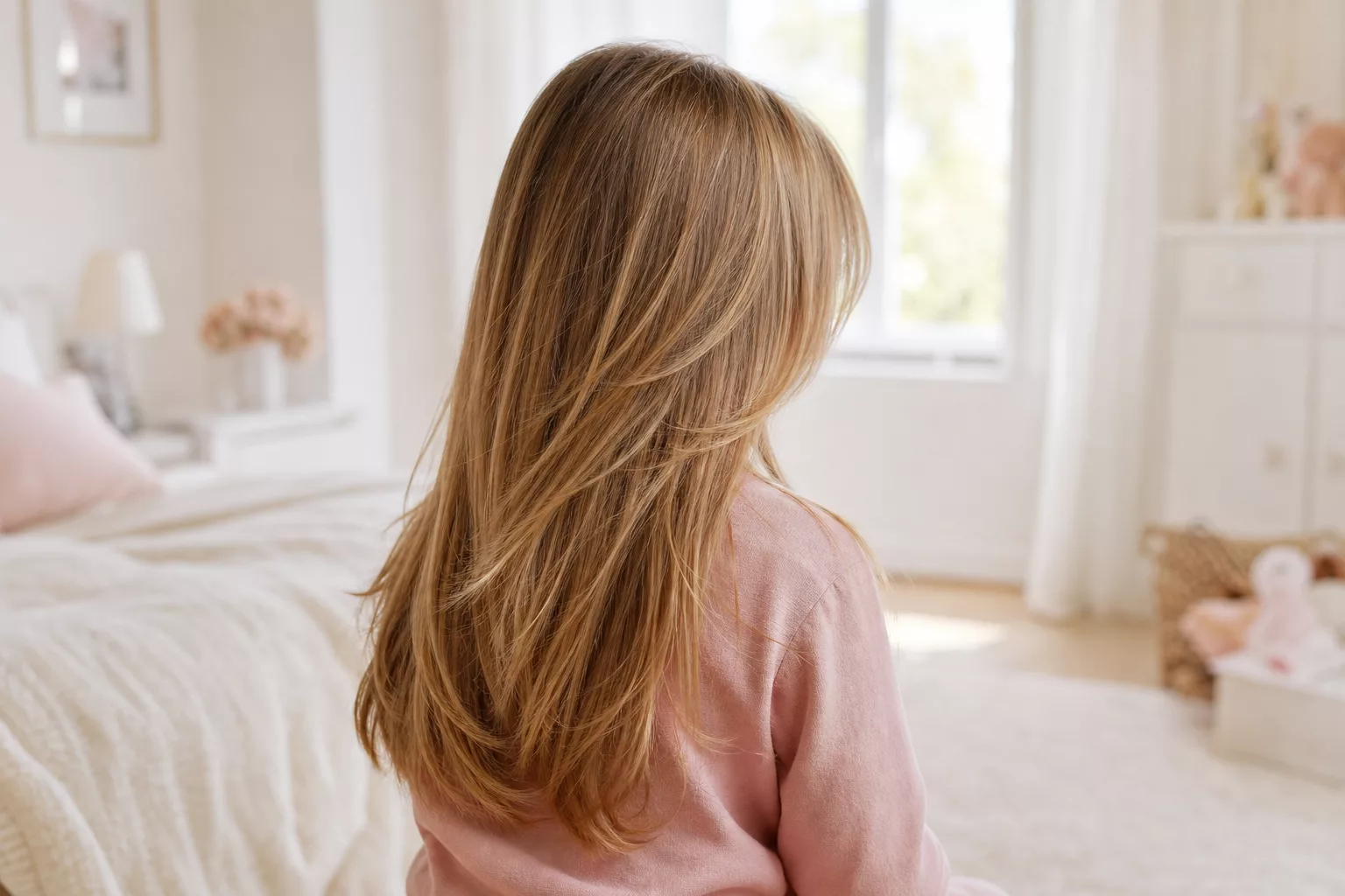 Gestufte Kinderfrisur mit schrägem Pony und mehr Volumen im Haar