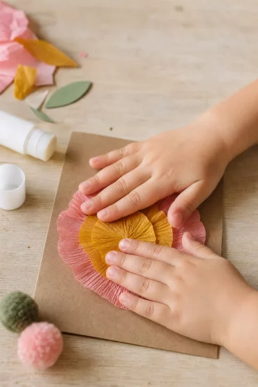 Kind klebt Papierblume auf selbstgebastelte Karte