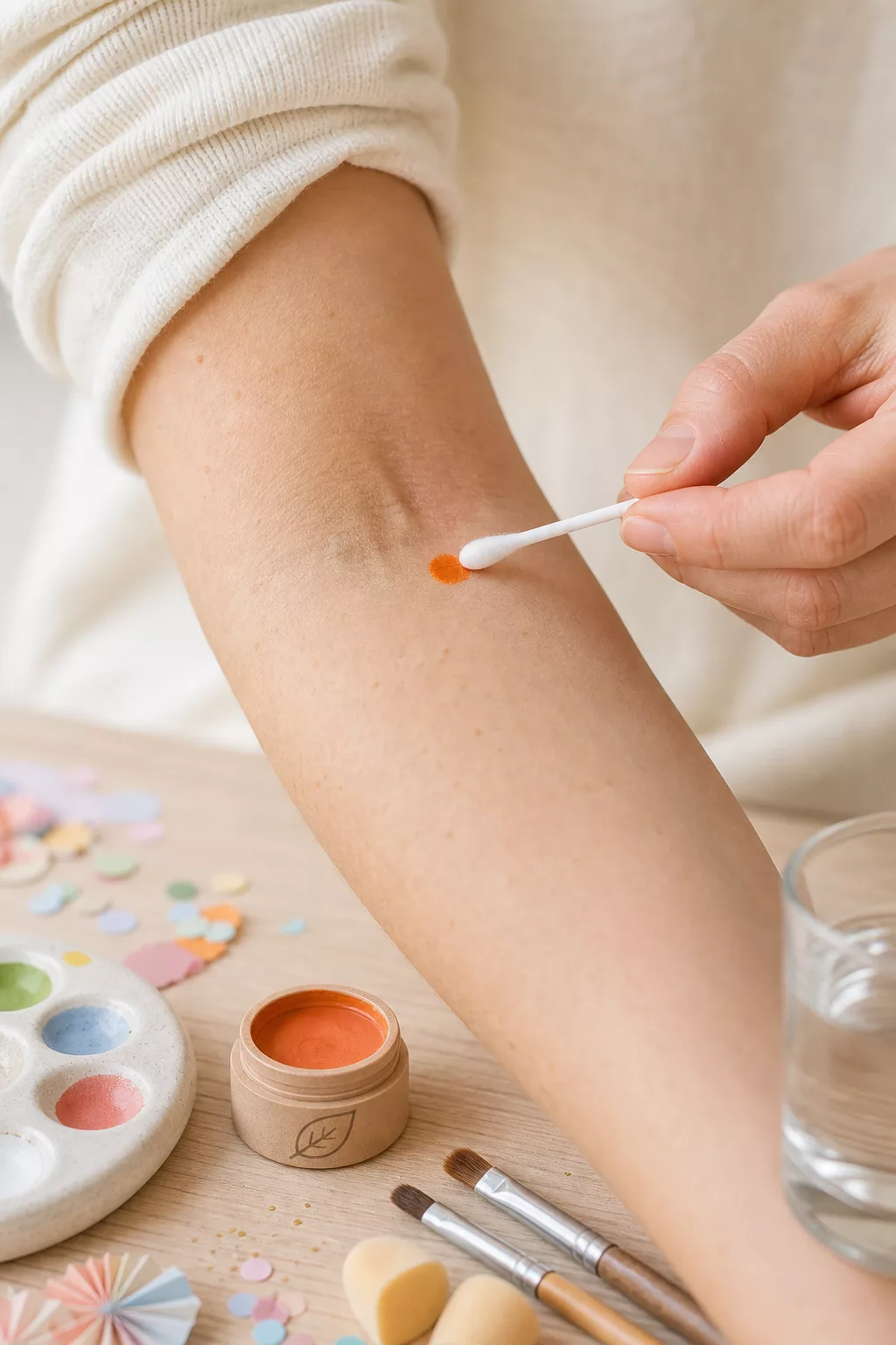 Verträglichkeitstest von Kinderschminke in der Armbeuge vor dem Auftragen