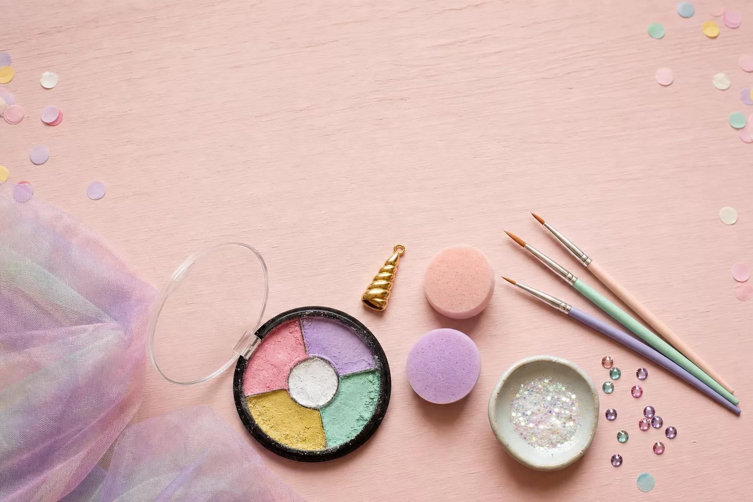 Materialien für Kinderschminke Einhorn: Farben, Pinsel und Glitzer