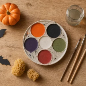 Kinderschminken Vorlage Halloween: bunte Schminkpalette mit Pinseln und Kürbis