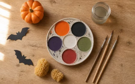 Kinderschminken Vorlage Halloween: bunte Schminkpalette mit Pinseln und Kürbis