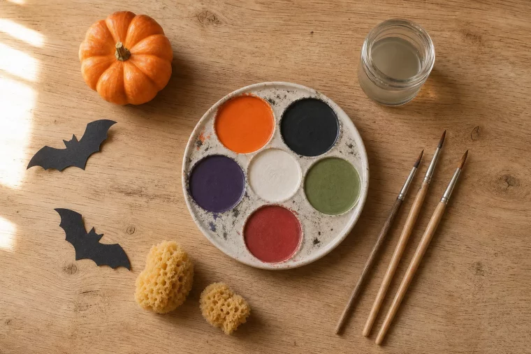 Kinderschminken Vorlage Halloween: bunte Schminkpalette mit Pinseln und Kürbis