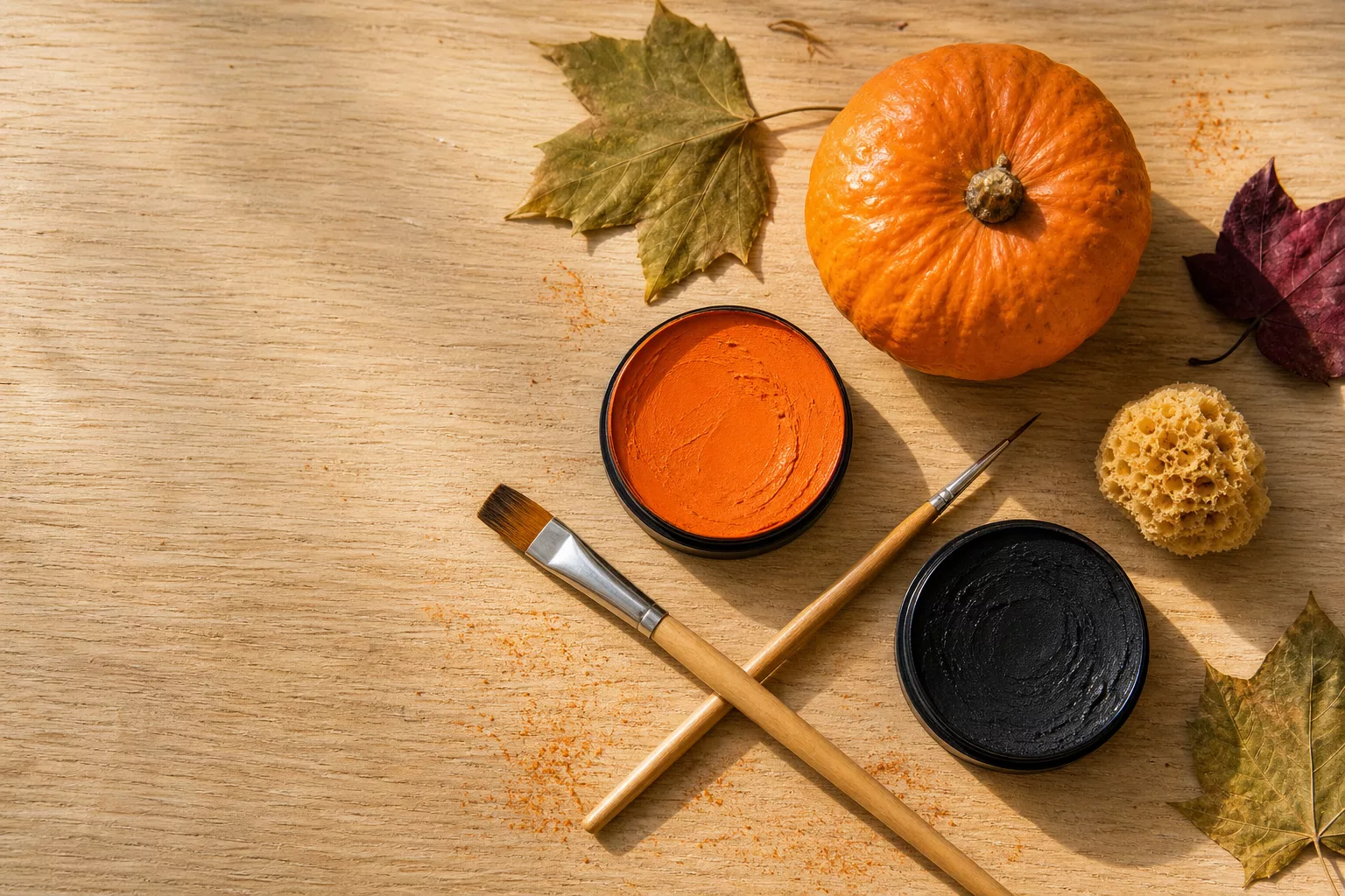 Orange-schwarze Kürbis-Schminkfarben mit Mini-Kürbis und Pinsel