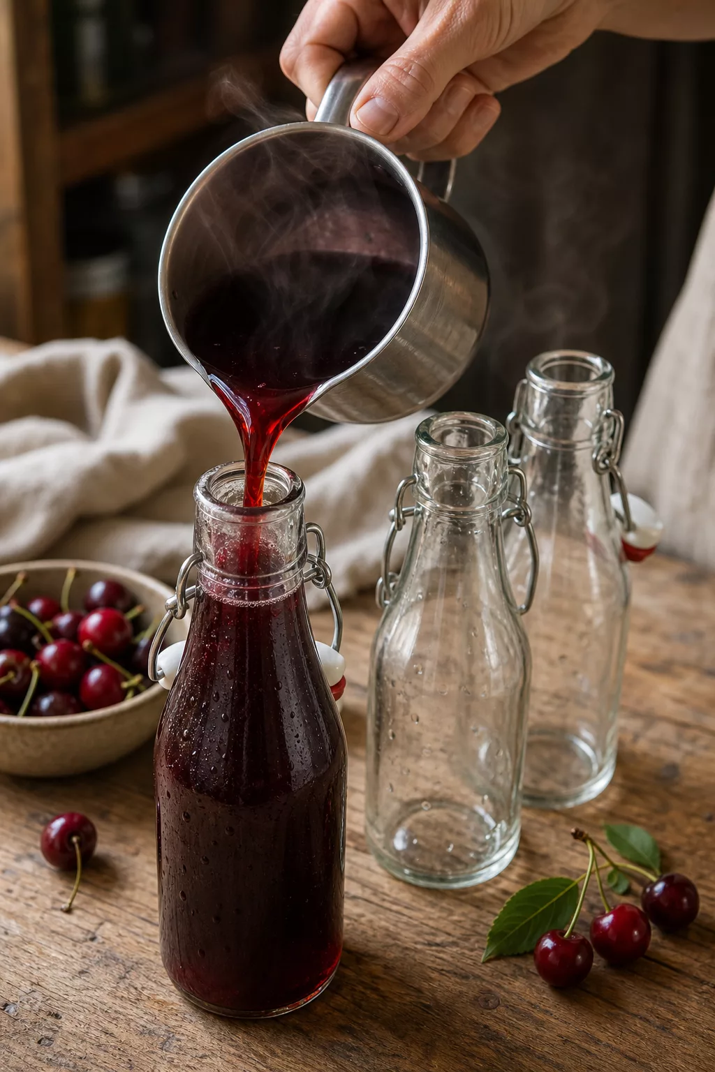 Hände füllen heißen Kirschsaft randvoll in Glasflaschen ab