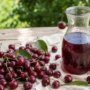 Kirschsaft selber machen: dunkelroter Saft in Glaskaraffe mit frischen Kirschen