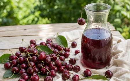 Kirschsaft selber machen: dunkelroter Saft in Glaskaraffe mit frischen Kirschen