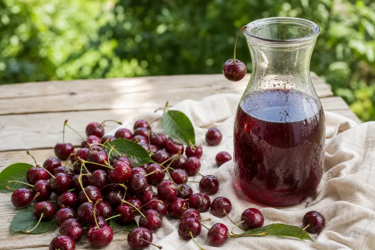 Kirschsaft selber machen: dunkelroter Saft in Glaskaraffe mit frischen Kirschen