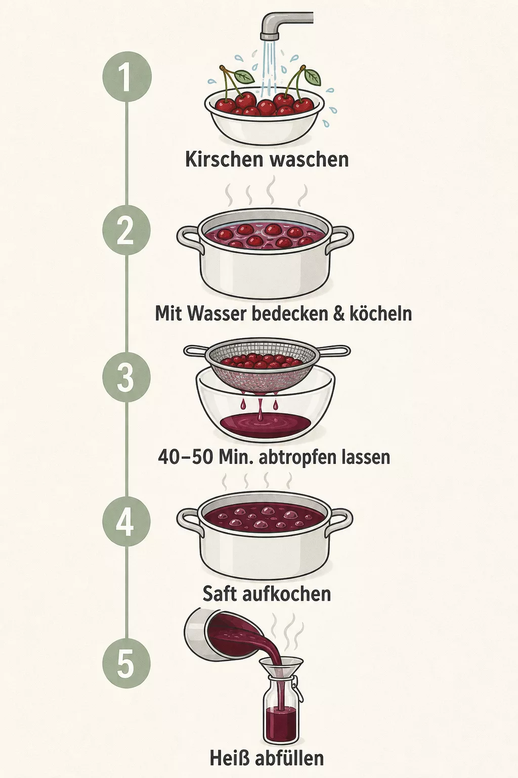 Grafik mit den fünf Zubereitungsschritten für Kirschsaft im Topf