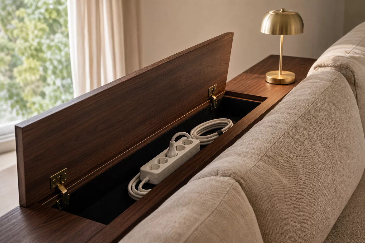 Klappbare Ablage hinter dem Sofa mit verstecktem Stauraum