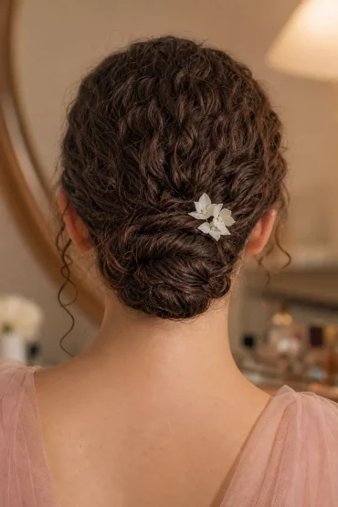 Klassischer Low Bun mit Blumenclip auf Naturlocken