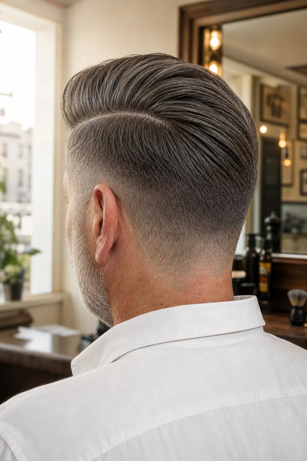 Klassischer Seitenscheitel mit Pompadour und rasierten Kopfseiten