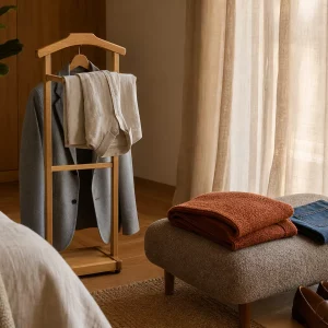 Kleiderablage im Schlafzimmer mit Kleiderständer und Sitzbank