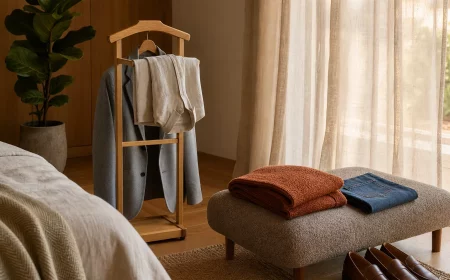 Kleiderablage im Schlafzimmer mit Kleiderständer und Sitzbank