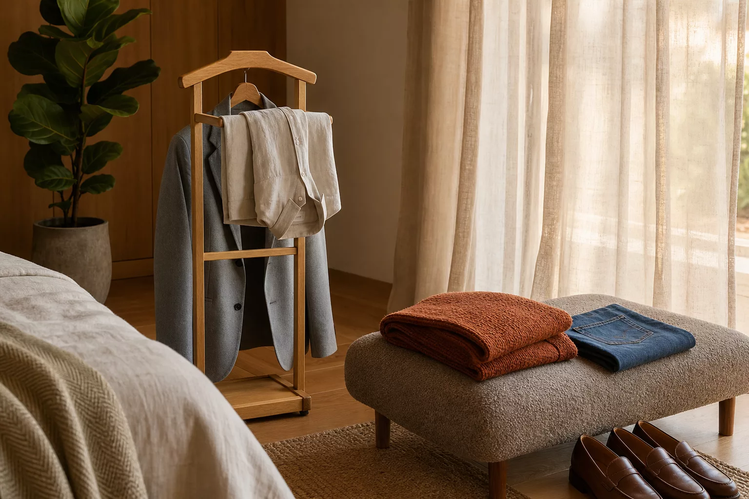 Kleiderablage im Schlafzimmer mit Kleiderständer und Sitzbank