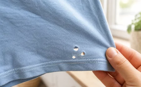 Kleine Löcher in Kleidung nahe dem Saum eines hellblauen Baumwollshirts