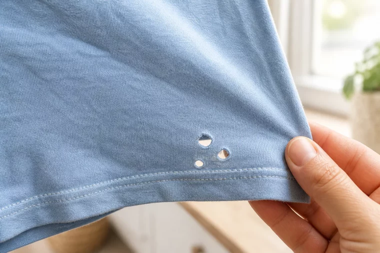 Kleine Löcher in Kleidung nahe dem Saum eines hellblauen Baumwollshirts
