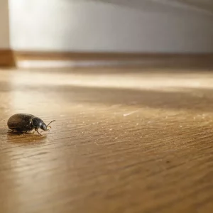 Kleiner schwarzer Käfer auf hellem Parkettboden in der Wohnung
