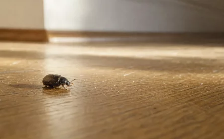 Kleiner schwarzer Käfer auf hellem Parkettboden in der Wohnung